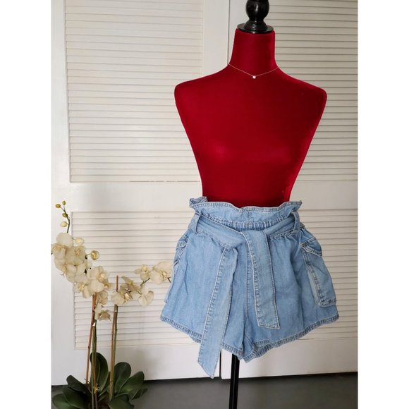 Urban Outfitters Shorts Fiona Blue Denim Belted Paper Bag Waist Sz S 1379 - Picture 2 of 11